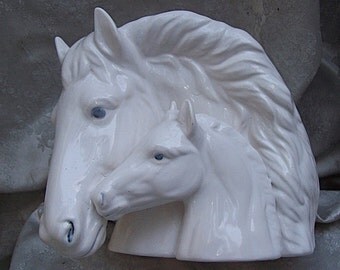 Large Ceramic Figural HORSES HEAD VASE of Mare and Her Foal