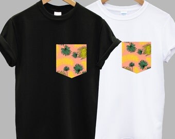 Real Stitched Vintage Palm Tree Leaf Floral Print Pocket T-shirt Hipster Indie Swag Dope Hype Black White Mens Womens Cute Pocket Shirt