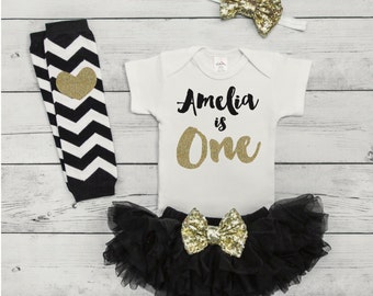 One Year Old Girl Birthday Outfit Girls First Birthday Outfits Girl 1st Birthday Girl Outfit Personalized Black and Gold Outfit Set 091S
