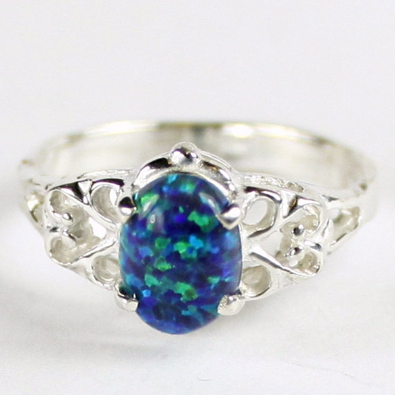 Created Blue Green Opal 925 Sterling Silver Ring SR302