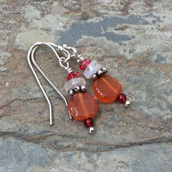 Carnelian Moonstone and Pink Crystal Earrings with Sterling