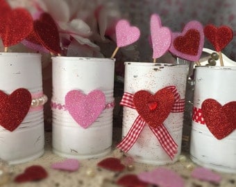 4 Valentines Day Decor White Painted Small Tin Cans Glitter Love Hearts Vases Centerpieces Candy Holders Gift Boxes Candle Party Decorations