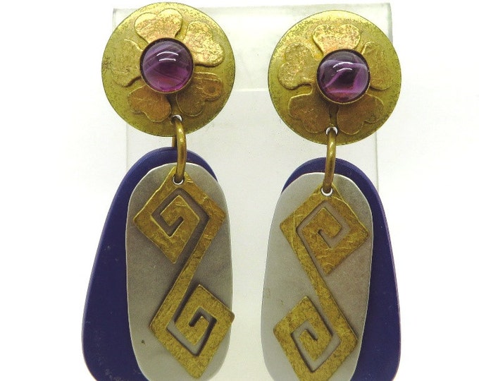 Vintage MOD Dangling Earrings, Goldtone, Silvertone, Purple Clip-on Earrings