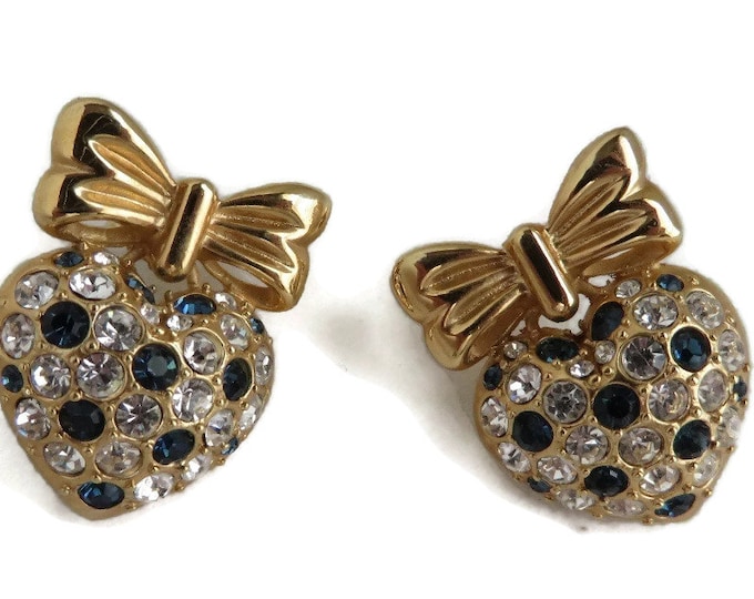 Rhinestone Heart Earrings - Vintage Blue and White Rhinestone Gold Tone Bow and Heart Pierced Studs, Gift idea
