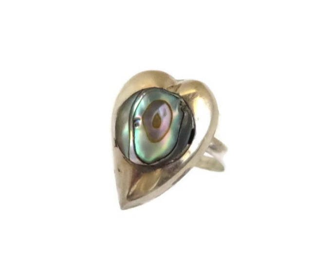 Taxco Sterling Ring - Vintage Mexican Silver Abalone Ring, Heart Shaped, Size 4, Gift Idea, Gift Boxed