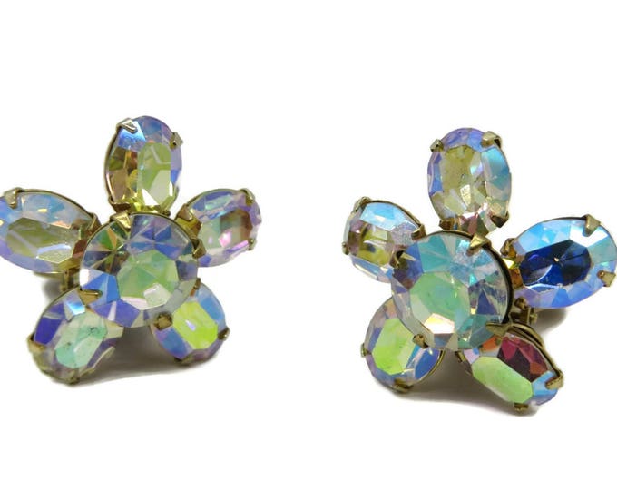 WEISS Snowflake Earrings, Vintage Rhinestone Earrings, AB Rhinestone Clip-ons, Signed Weiss Jewelry, Bridal Jewelry, Gift Idea