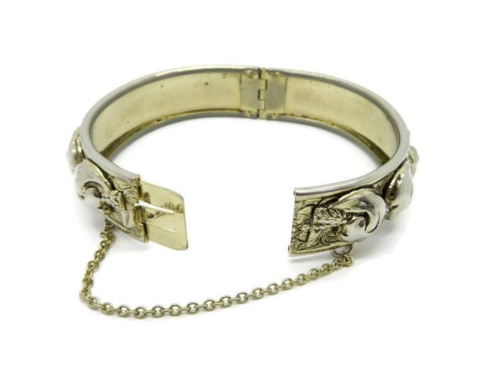 Vintage Bangle Bracelet Gold Tone Hinged Bracelet, Scrolled Bangle Safety Chain Costume Jewelry Gift Idea