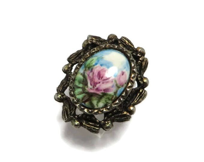Vintage Flower Scene Antique Style Ring, Pink Rose Adjustable Cocktail Ring Size 5