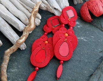Long Red Soutache Earrings-Red Retro Earrings-Evening Party Earrings-Beaded Dangle Earrings-Boho Earrings-Gypsy Red Statement Earrings