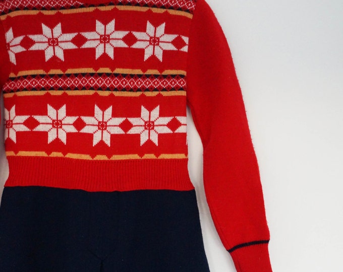 Norwegian Sweater Dress, Girls Snowflake Knitted Dress Red & Blue Jumper Dress Girls Christmas Dress Age 5 Vintage 80s Tunic Dress Fair Isle