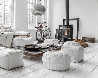 Handmade Moroccan leather pouf in white, nude or brown