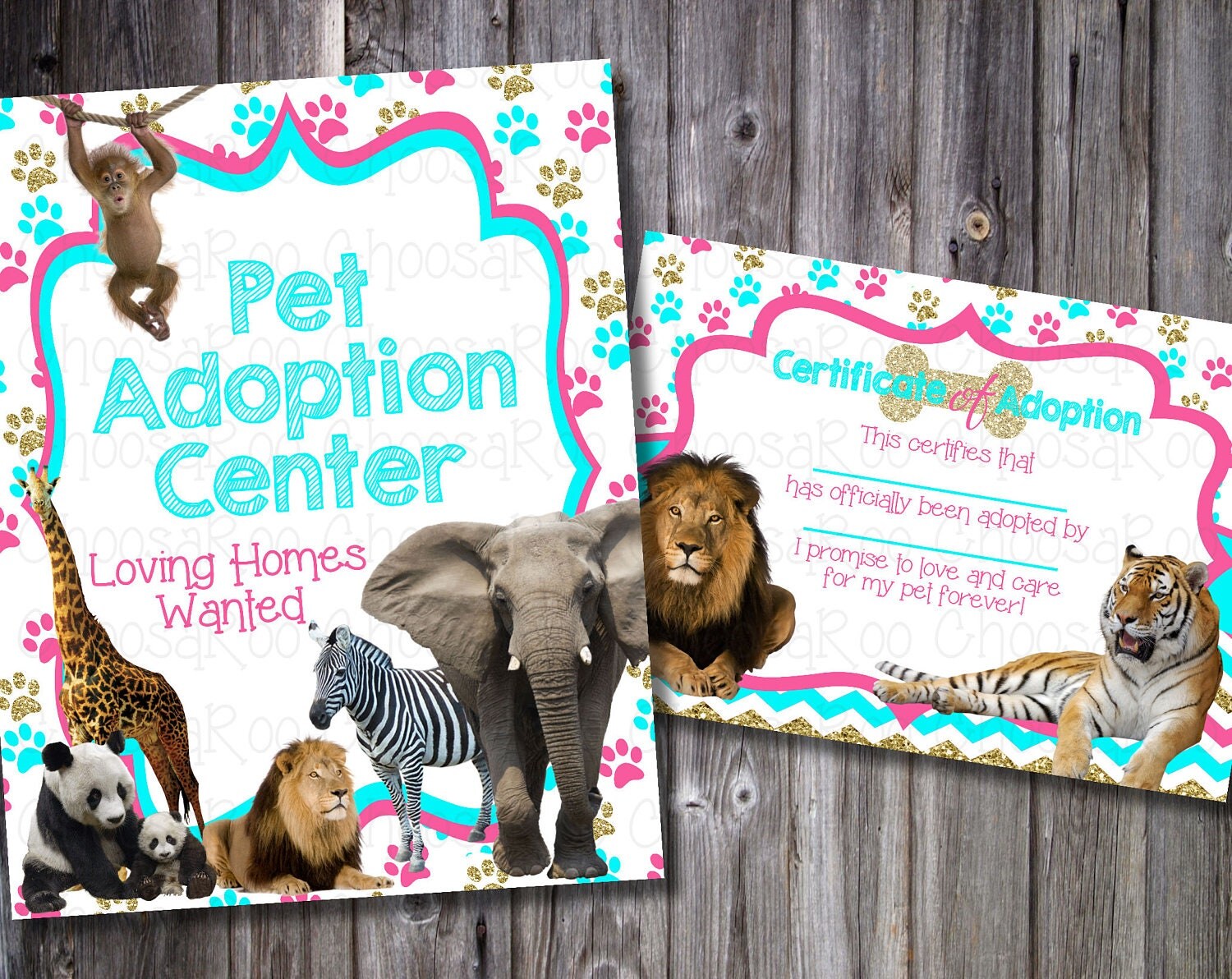 WILD ANIMAL ADOPTION Pet Party Decor Certificate & Sign