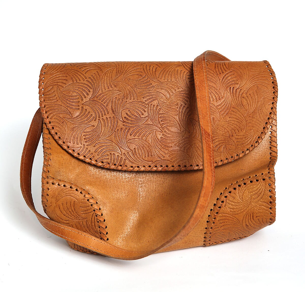 70s Messenger Brown Leather Bag Tooled Leather Handbag Woman