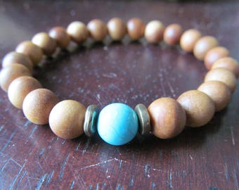 Sandalwood and Turquoise Bracelet, Wood Bracelet, Stacking Bracelet, Mens Bracelet, Men's Bracelet, Layering Bracelet, Wood Beaded