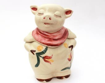 Shawnee Smiley Pig Cookie Jar Vintage Kitchen, Shawnee Pottery Made USA, Shawnee Pig Tulips Red Kerchief Suspenders, Vintage Piggy Ceramic