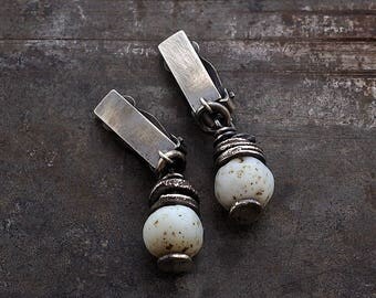 SALE 10 - 20 % OFF use the code • white beige raw silver earrings • raw glass earrings 925 silver • clip on earrings