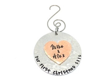 First Christmas Ornament-Wedding Shower Gift-Texturized Mixed Metals-Copper-7th anniversary Gift-Hand Stamped Personalized-Our First Christm