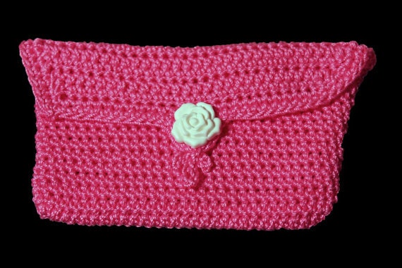 Pink Coin Purse, Coin Pouch, Change Purse, White Rose Button, Handmade, Crochet