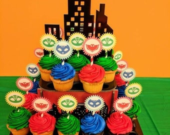 PJ Masks cupcake or cake toppers, Catboy, Owlette, Gekko