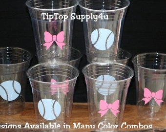 24 baseballs & fancy bows 10 oz. 12 oz. or 16 oz. clear cups. Baby shower, gender reveal, baseball, bow, sprinkle party. B-224 C-155