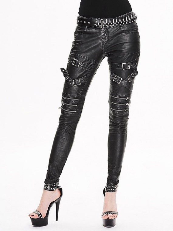 Steampunk Goth Women Rock PU Trousers Street Slim Black Leather Tight Pants by SteelSir steampunk buy now online