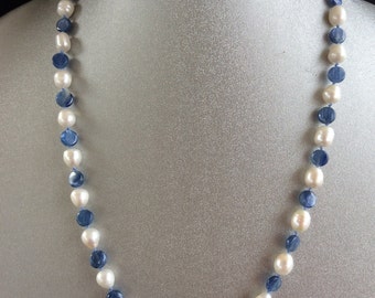 Hand-Knotted Necklace of Blue Kyanite coin beads and Freshwater Pearls with Sterling Silver Clasp