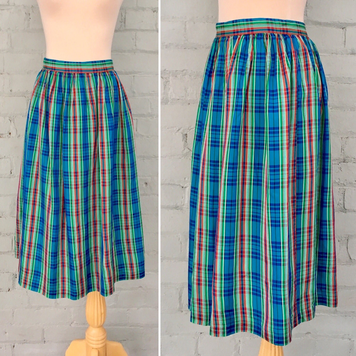 Vintage 1960s satin plaid skirt / pleated tartan midi skirt