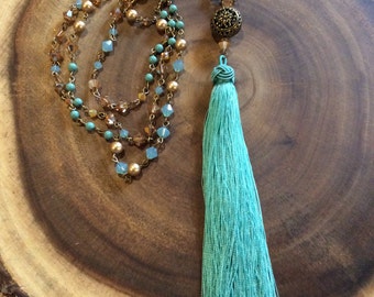 Swarovski Crystal, Pearl and Silk Tassel Necklace
