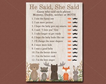 Woodland Baby Shower game He Said She Said, Printable, Woodland Baby Shower game, Mommy or Daddy Game, Forest Animals Instant Download 016
