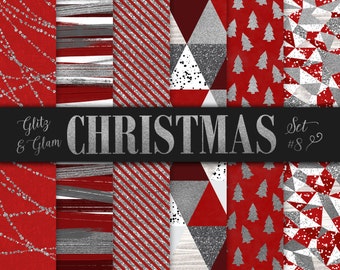 Red and Silver Christmas Paper / Brush Strokes Digital Paper / Silver Christmas Trees / Silver Geometric Christmas Scrapbook / Triangles