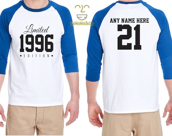 21st Birthday Gift for Men and Women Personalized Limited Edition Birthday Celebration 21 Year Old Raglan Baseball Tee Shirt Birthday 1996