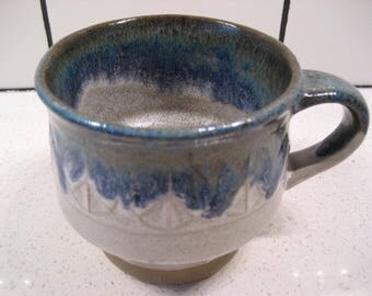 40% OFF SALE // Vintage Hand thrown mug - Embossed Peace symbol band - Greens & Blues drip glaze - Stone Soldier Pottery - made in Vermont