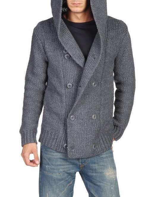Men hand knit cardigan hooded double breast cardigan