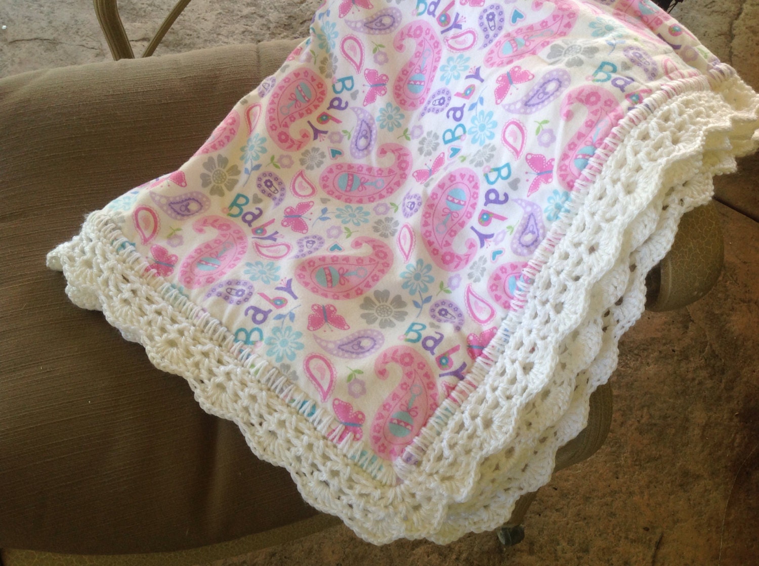 Paisley Nursery Blanket Baby Girl Crocheted Blanket Pink