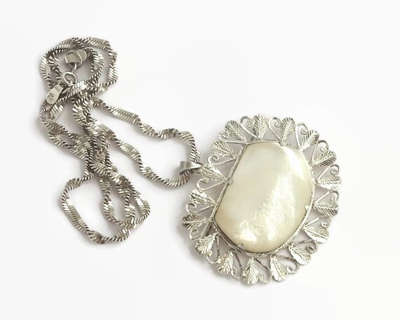 Large mother of pearl pendant / brooch in filigree sterling