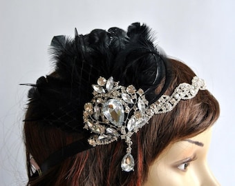 1920's flapper Headpiece, Rhinestone Flapper headband, The Great Gatsby, rhinestones headband, vintage rhinestone brooch, silver black