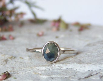 Sapphire ring, rose cut sapphire ring, greenish blue sapphire ring, delicate ring, stacking ring, trillion fancy rose cut ring, For Order