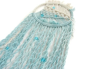 Modern nursery macrame wall hanging Blue Dip Dye macrame Woven wall hanging Macrame decor Teal home decor Beaded macrame Large dream catcher