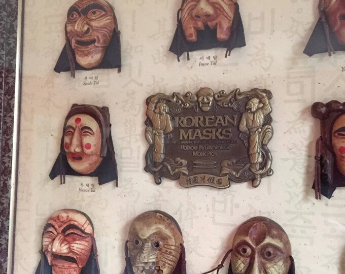 A Framed Set of Miniature Korean Theater Masks | Korean Masks in commemoration of visiting Korea | Hahoe Byulshinkut | Mask Play Mom Teen