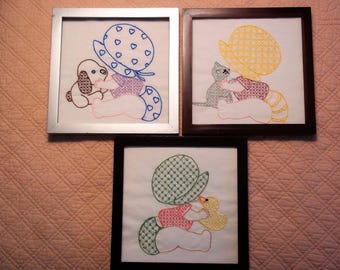 Three Embroideries of Baby Sun Bonnet Sue - Framed