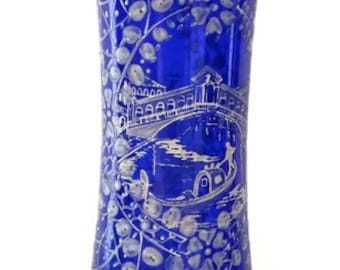 Vintage Venitian Cobalt Blue Hand Painted Vase With Images From Venice