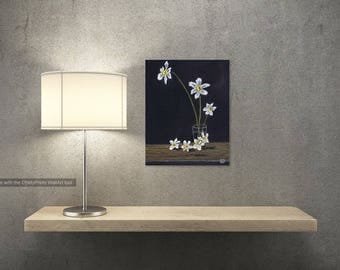 ART: Original Art, 12x16, Oil Painting ,White Flowers, Black Background, still life, on Canvas
