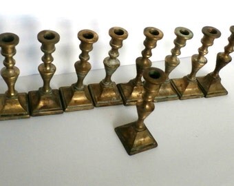 Antique 9 Vintage Brass Candle Holders, Hanukkah Menorah, Candlesticks, Judaica, Shabbat Candle Holder, Brass Home Decor