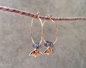 Vermeil Creoles with bees charms and Labradorite beads
