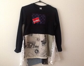Artsy French Tunic Upcycled Clothing Refashioned Shabby Boho Unique Film Inspired Tee Top. Women's size Medium to Large.