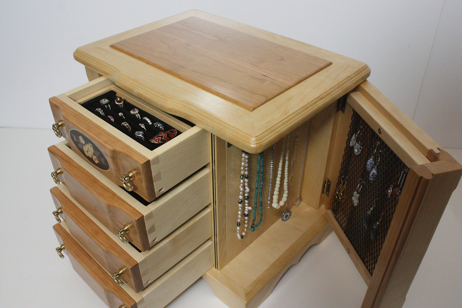 Handmade Large 4 Drawer Jewelry Box with Swing Out Sides For Sale
