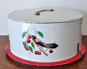 Vintage Maid of Honor Metal Cake Carrier with Lithographed Bird, Red with White, Cake Plate
