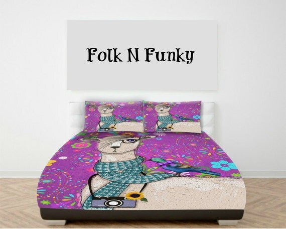 Hipster lama bettwäsche lila blumen vogel von folkandfunky auf etsy