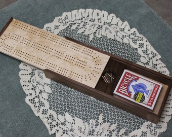 Cribbage Board with Card and Peg Storage, American Walnut and Bird's Eye Maple, Continuous, Three Track