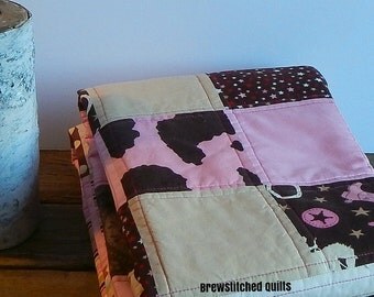 Homemade quilt - Baby quilt handmade - Baby girl quilt - Cowgirl theme quilt - Handmade baby quilt in pinks, taupes, and browns